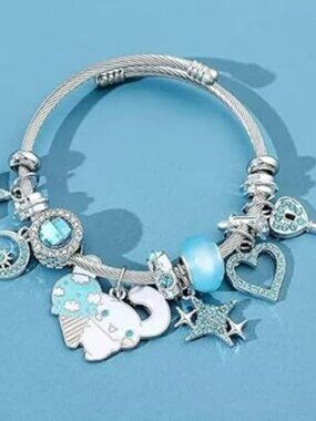 Adjustable Stainless Steel Bangle Bracelet Loaded with Charms